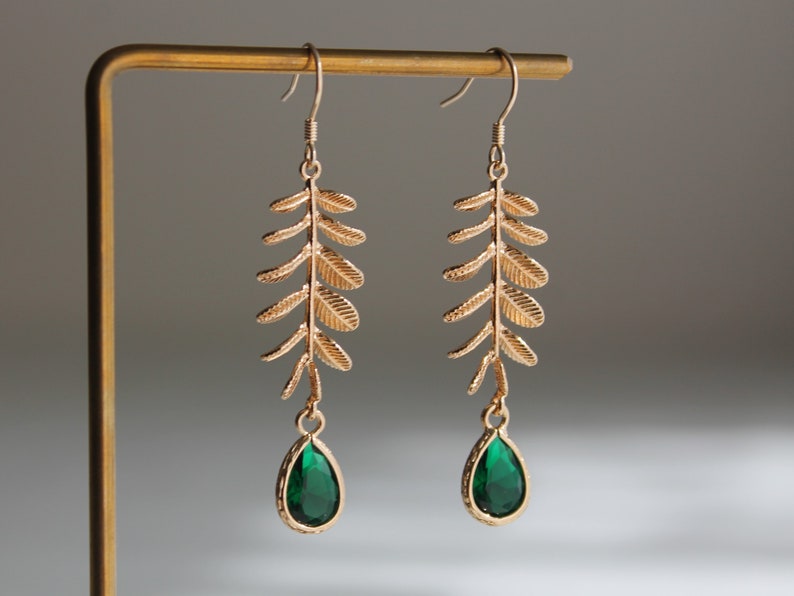 Gold plated leaf and emerald green bead earrings Wedding Bridesmaids earrings Gift image 1