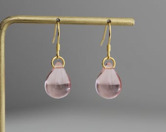 Blush pink glass teardrop earrings with gold plated silver ear hooks Minimal earrings