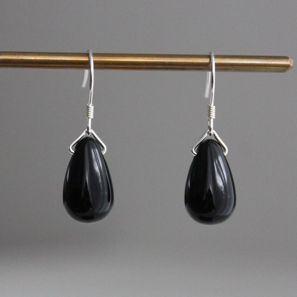 Black Glass teardrop earrings with sterling silver hooks Minimal classic earrings Gift