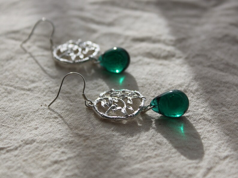 Silver plated dragonfly on tree pendant with emerald green glass bead earrings Bridesmaid earrings Gift for her
