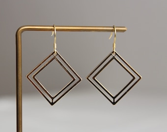 Gold Plated Brass Square Earrings: Minimalist Geometric Style