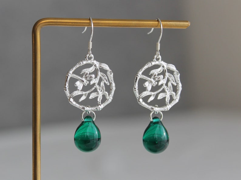 Silver plated dragonfly on tree pendant with emerald green glass bead earrings Bridesmaid earrings Gift for her