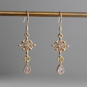 Small gold plated filigree earrings with clear zircon teardrops Wedding Bridesmaid earrings Gift