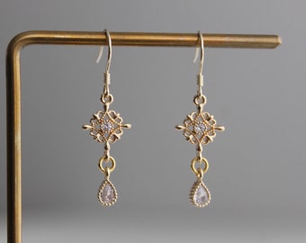 Small gold plated filigree earrings with clear zircon teardrops Wedding Bridesmaid earrings Gift