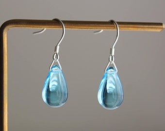 Aquamarine blue glass teardrop earrings Everyday Minimal earrings Classic essential earrings Gift for her