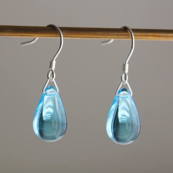 Aquamarine blue glass teardrop earrings sterling silver ear wires
