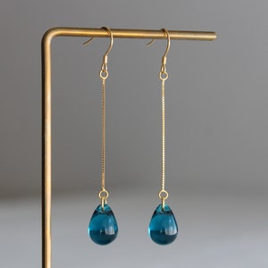 Gold plated over silver chain Teal blue glass teardrop earrings Wedding earrings Occasion earrings Party earrings Gift for her