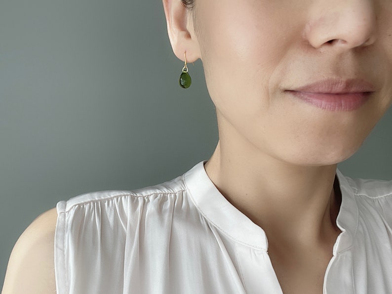 Peridot green Glass teardrop earrings with gold plated over silver ear wires Minimal Essential earrings Gift image 3