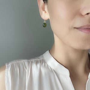 Peridot green Glass teardrop earrings with gold plated over silver ear wires Minimal Essential earrings Gift zdjęcie 9