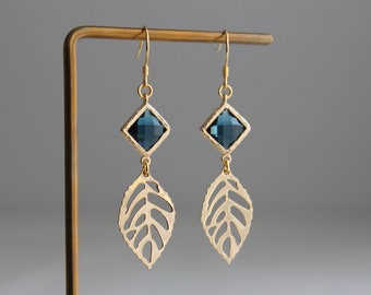 Gold plated leaf and blue glass bead earrings Wedding Bridesmaids earrings Gift