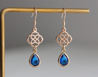 Gold plated celtic pendant with deep blue teardrop earrings Wedding Bridesmaid earrings Gift