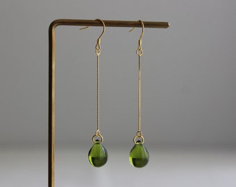 Gold pated over silver chain and peridot green / olive green teardrop earrings Occasion earrings Gift