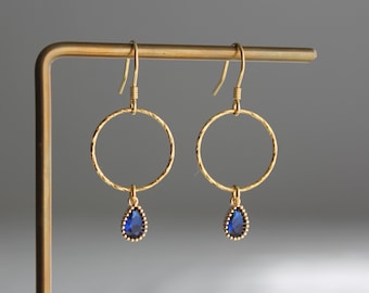 Gold plated over silver patterned hoop with deep blue teardrop earrings Everyday Minimal earrings Gift