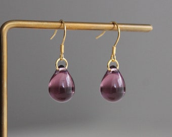 Gold plated over silve plum purple glass teardrop earrings Minimal Essential earrings Gift