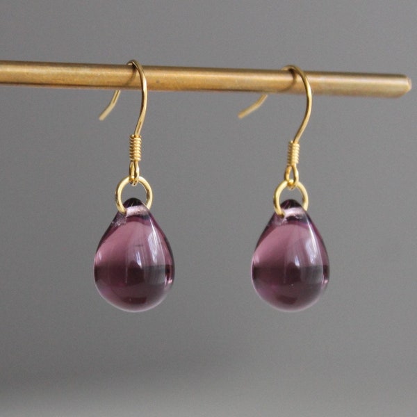 Gold plated over silve plum purple glass teardrop earrings Minimal Essential earrings Gift