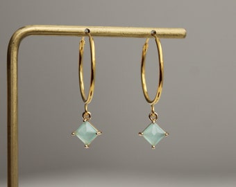 Gold plated over silver hoop earrings with mint green square pendants Gift