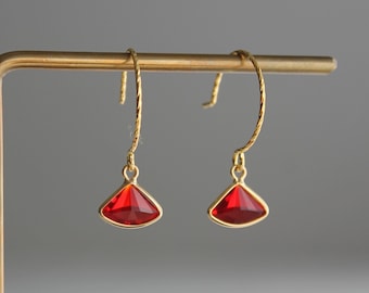 Red fan shaped earrings with oversized gold plated over silver ear wires Minimal earrings Gift