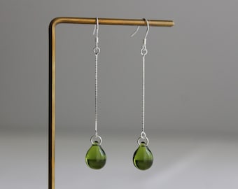 Sterling silver chain and peridot green teardrop earrings Olive green earrings Gift