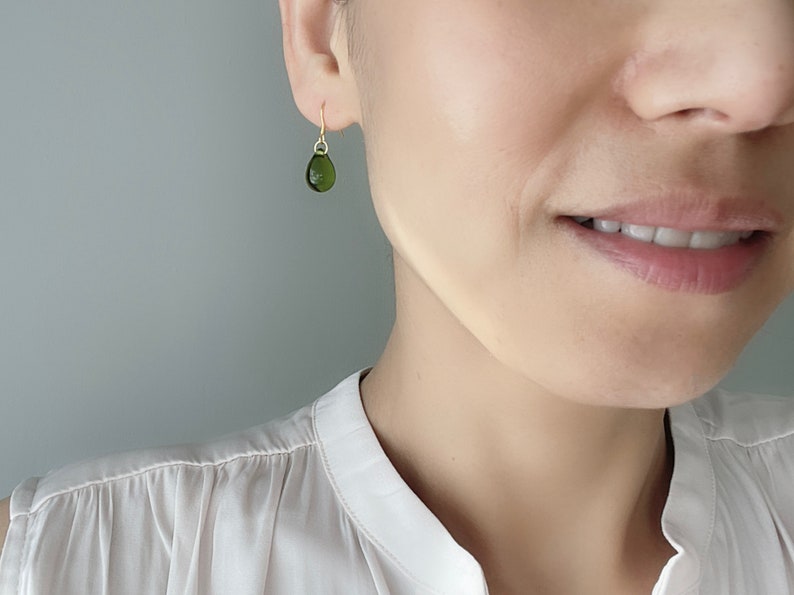 Peridot green Glass teardrop earrings with gold plated over silver ear wires Minimal Essential earrings Gift zdjęcie 6