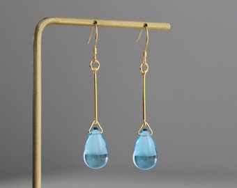 Gold plated over silver bar with aquamarine blue teardrop earrings Classic essential earrings Gift