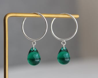 Sterling silver hoop Emerald green teardrop earrings