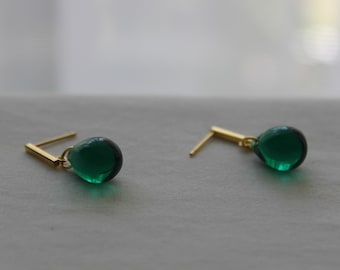 Emerald glass teardrop earrings with gold plated over silver bar push backs Essential Minimal earrings Gift