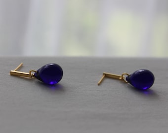 Cobalt blue teardrop earrings with gold plated over silver bar push backs Minimal earrings Gift