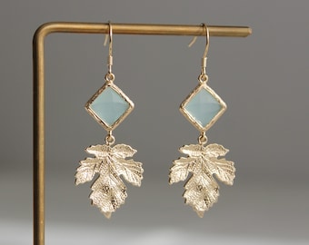 Gold plated leaf and mint green glass bead earrings Wedding Bridesmaids earrings Gift