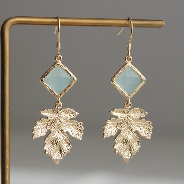 Gold plated leaf and mint green glass bead earrings Wedding Bridesmaids earrings Gift