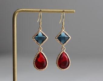 Blue square and red teardrop earrings Gift