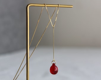 Lariat necklace Gold plated over sterling silver chain Red glass teardrop necklace Y necklace Gift