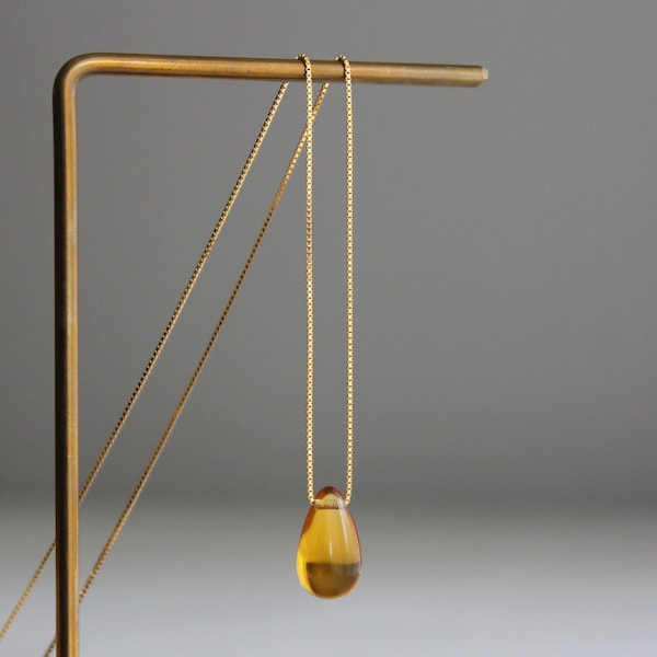 Amber colour glass teardrop necklace with gold plated over silver chain Gift