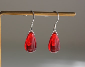 Red glass teardrop earrings Minimal versatile earrings Classic essential earrings Gift
