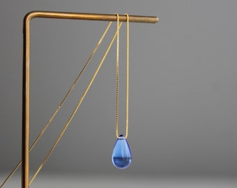 Sapphire blue glass teardrop necklace with gold plated over silver chain Classic essential necklace Gift