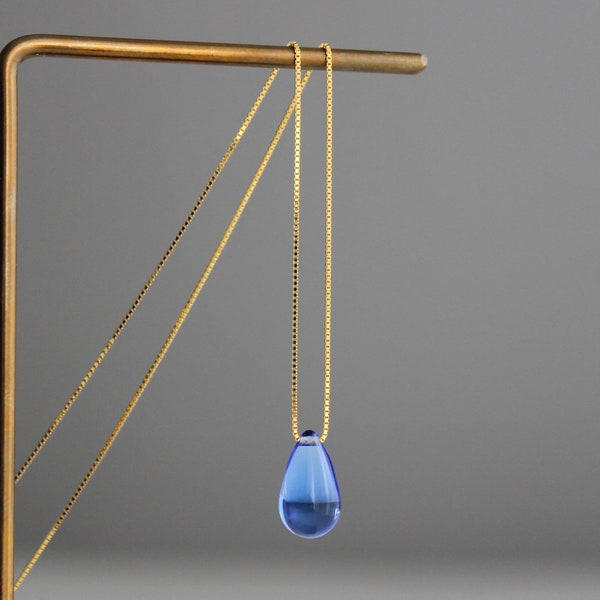 Sapphire blue glass teardrop necklace with gold plated over silver chain Classic essential necklace Gift