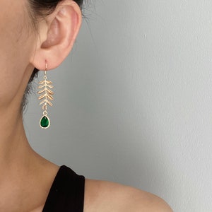 Gold plated leaf and emerald green bead earrings Wedding Bridesmaids earrings Gift image 3