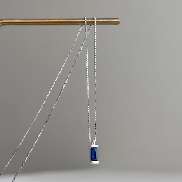 Sterling silver small rectangle cobalt blue pendant necklace