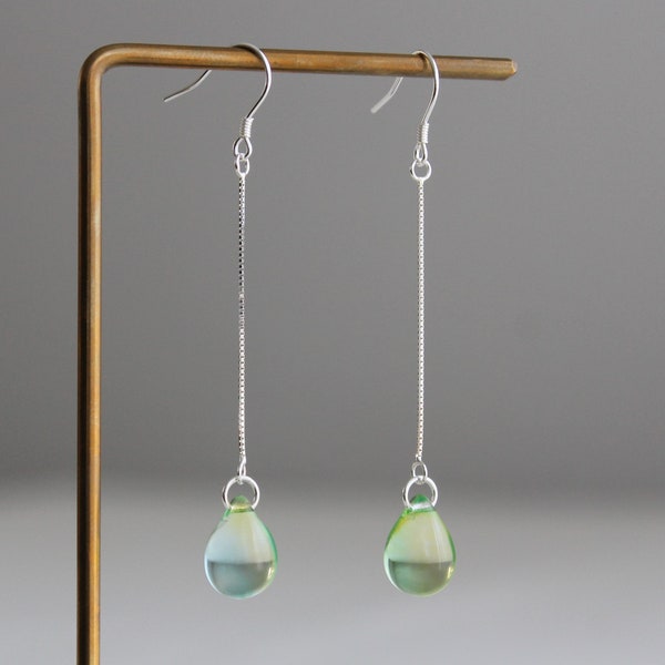 Silver chain and green blue two tone teardrop earrings Minimal classic earrings Gift