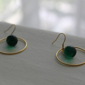 Gold plated over silver hoop earrings with emerald green glass teardrops Gift image 2
