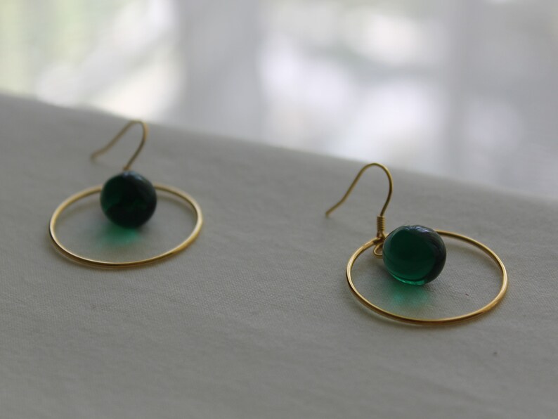 Gold plated over silver hoop earrings with emerald green glass teardrops Gift image 2