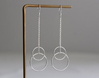 Sterling silver double chains and hoops earrings Geometric statement earrings Party earrings Gift