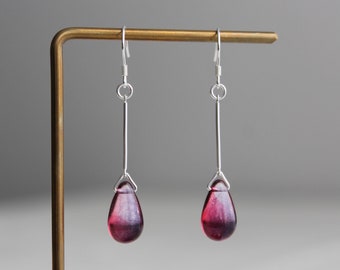 Sterling silver bar purple red two tone teardrop earrings Classic minimal earrings Gift