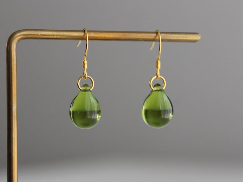 Peridot green Glass teardrop earrings with gold plated over silver ear wires Minimal Essential earrings Gift zdjęcie 7