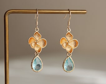 Gold plated flower and aquamarine blue teardrop earrings Wedding Bridesmaids earrings Gift