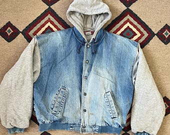 Vintage 90s Denim Hooded Jacket: Distressed Blue Jean Trucker, Mens Large