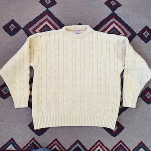 1980s Yellow Cotton Cable Knit Sweater | Vintage Men’s Small Lord Jeff Preppy Pullover