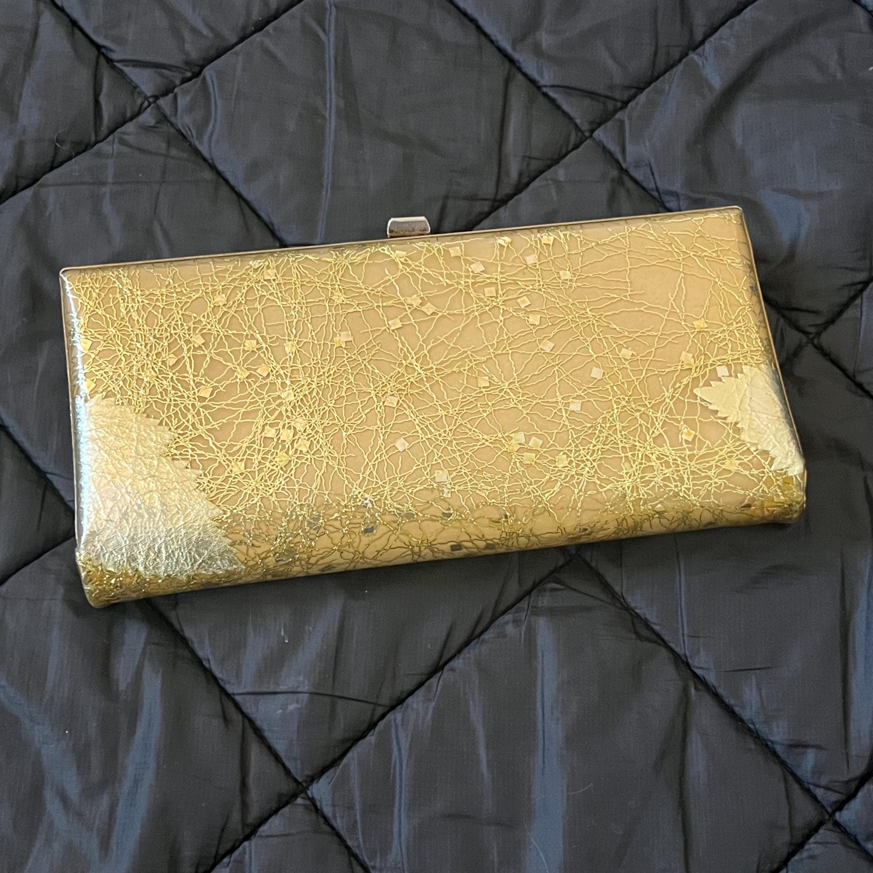 1960er Jahre Vintage JR USA Soft Vinyl Hard Case Gold Konfetti Clutch Geldbörse | Abstraktes glitzerndes Blatt Design
