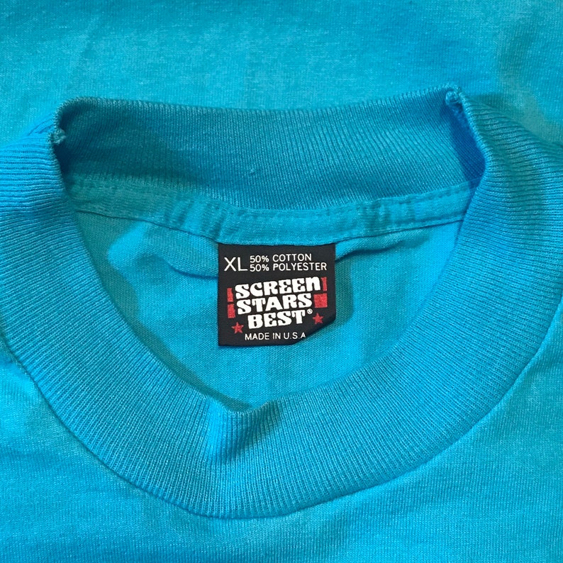 80s 90s Mens XL Single Stitch 50-50 Crew Vintage Screen Stars Turquoise T-Shirt