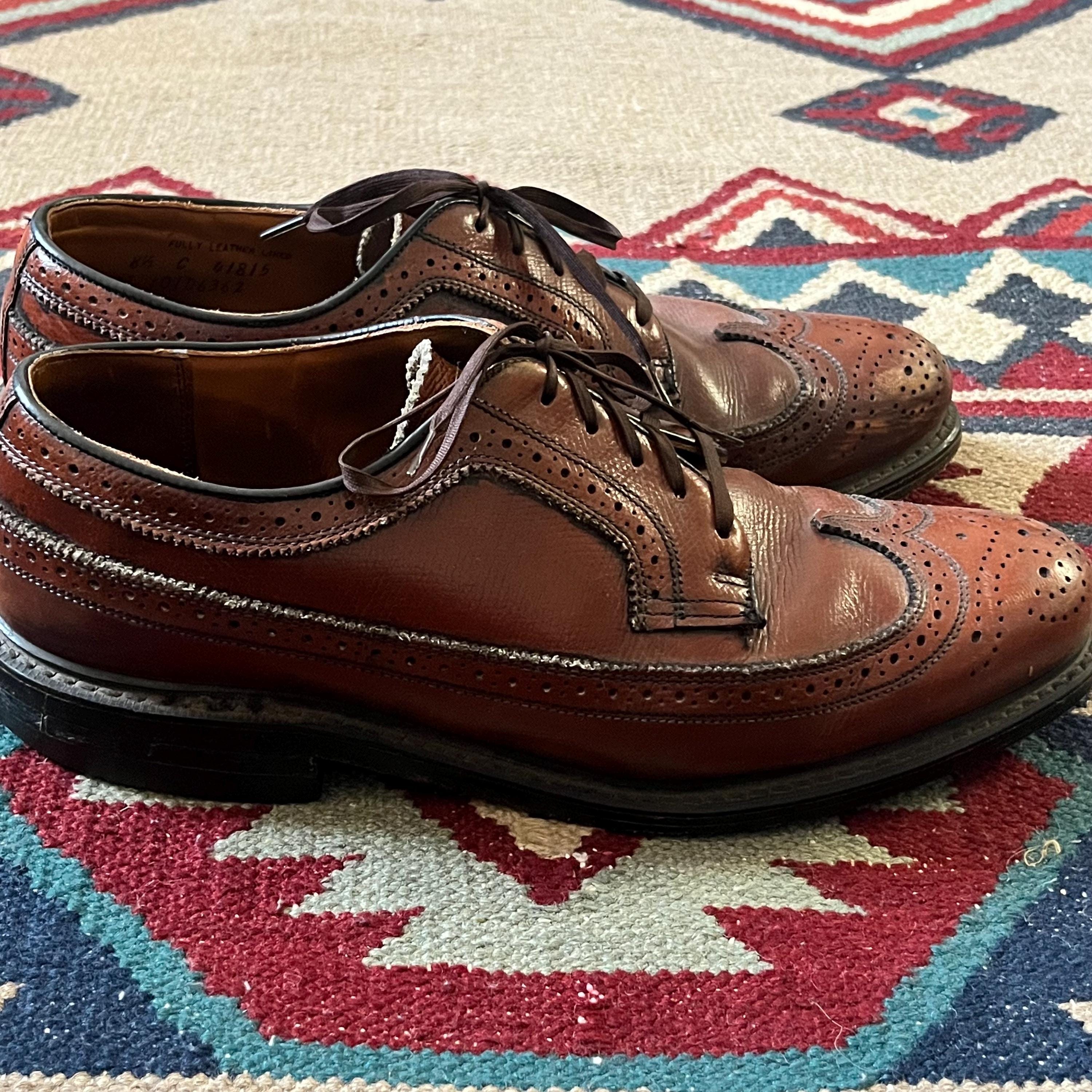 Vintage 70s Brown Leather Wingtip Dress Shoes Mens 8.5 C Oxford