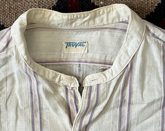 1930s TruVal Banded Collar Dress Shirt | Vintage Mens Medium French Cuff Long Sleeve Grand Dad Button Up